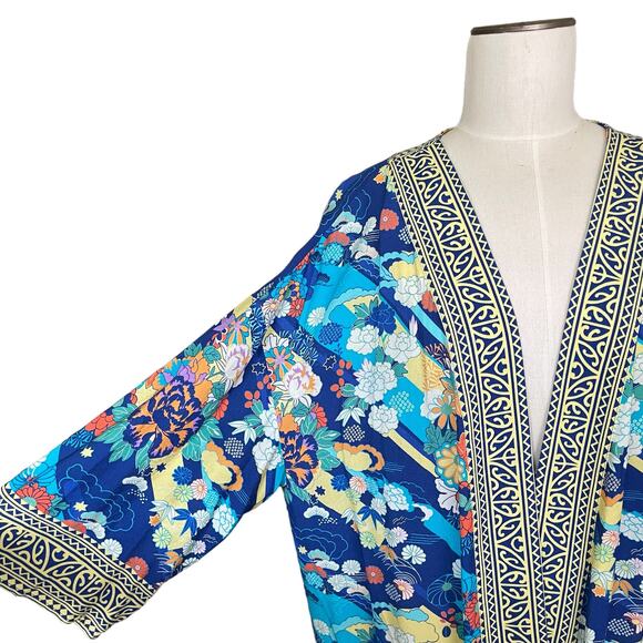 Soft Surroundings Cardigan Topper Women's L/XL Blue Yellow Floral Open Front - Picture 2 of 13